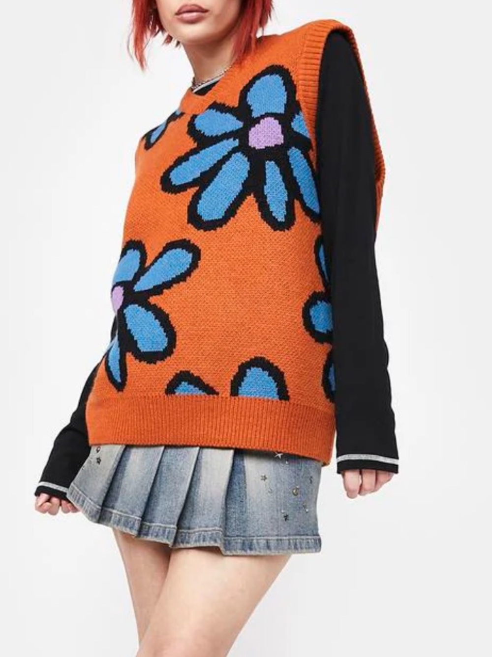 Obey Orange V‑Neck Floral Jacquard Sweater Vest